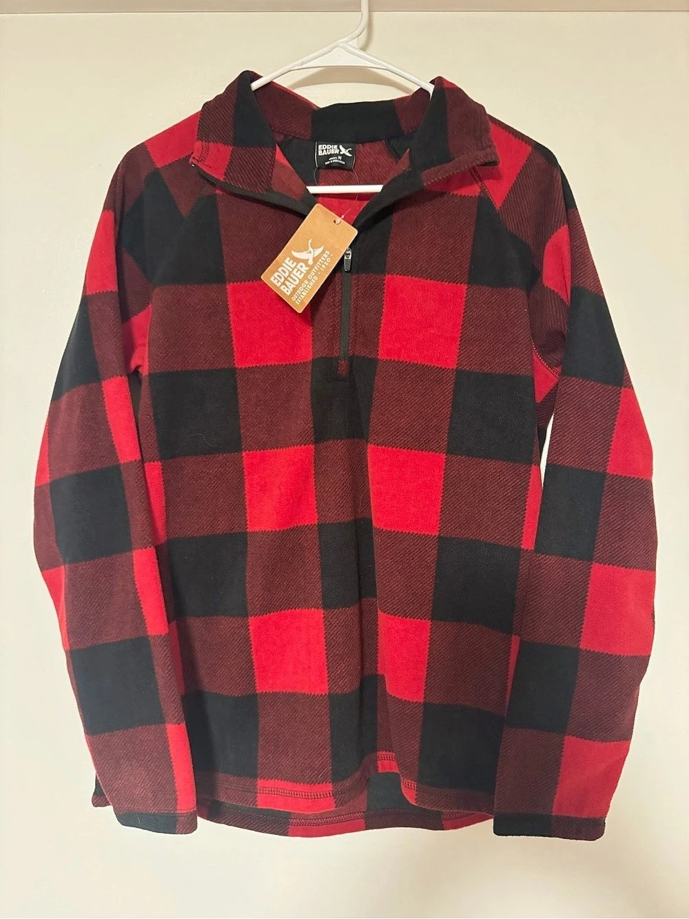 Eddie Bauer Red Black Plaid 1/4 Zip Fleece Mock Neck Pullover Women’s M